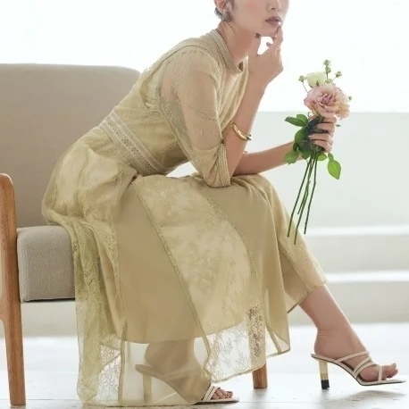 5色 ドレス 総レース シアー 花柄 長袖 上品 パーティー 結婚式