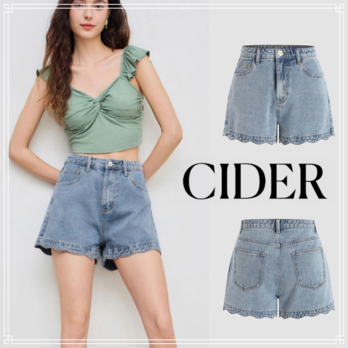 【Cider】花ボタン ウェーブ トリム ショートパンツ
