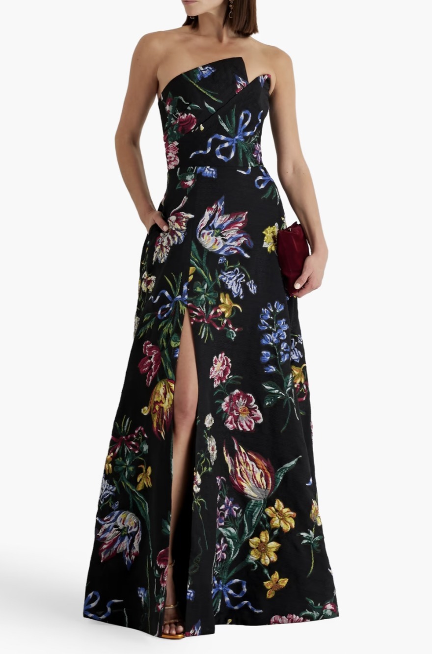 MARCHESA NOTTE SALE花柄立体フロント フレアー ロングドレス 黒