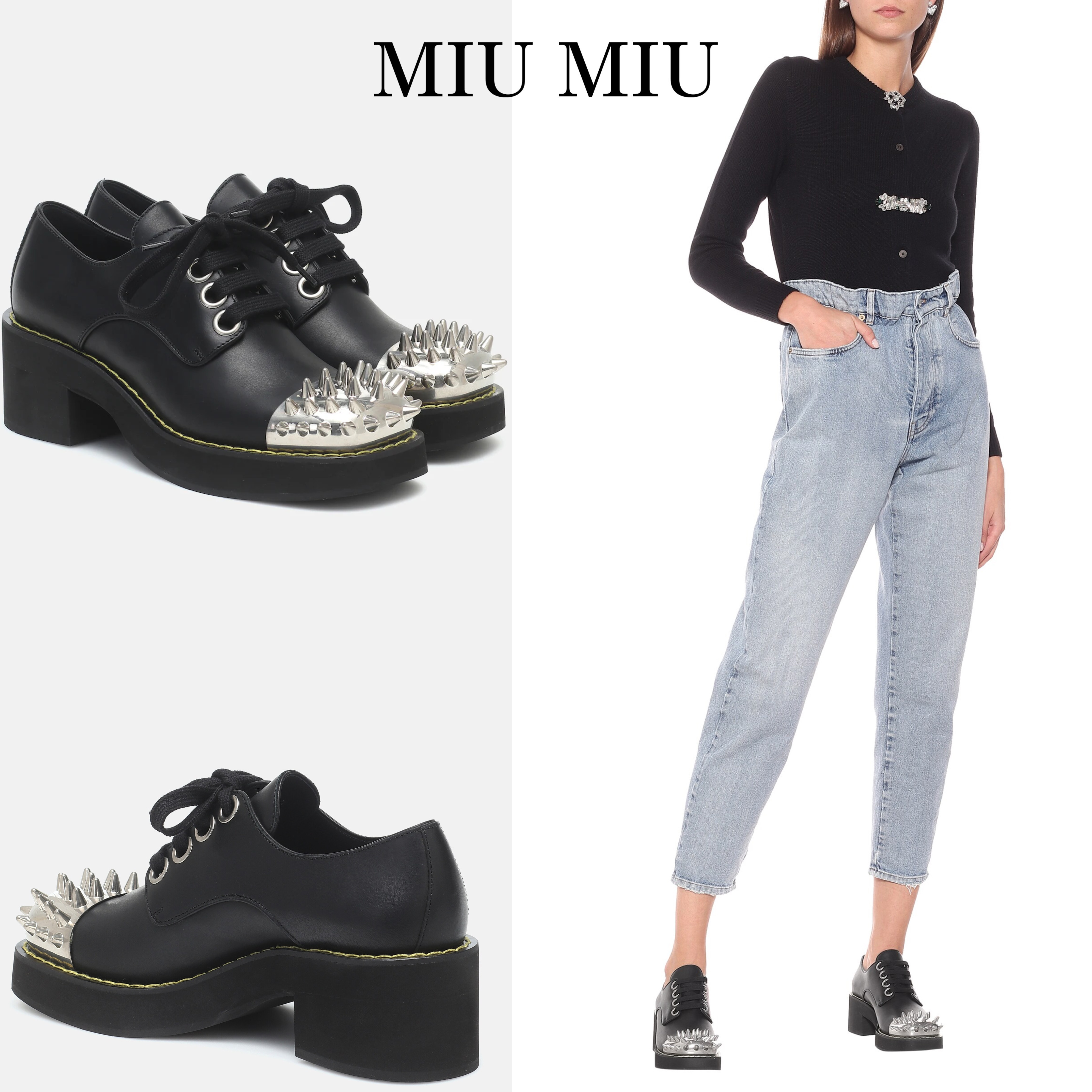 *MIU MIU* リベット付きレザーレースアップシューズ スパイク