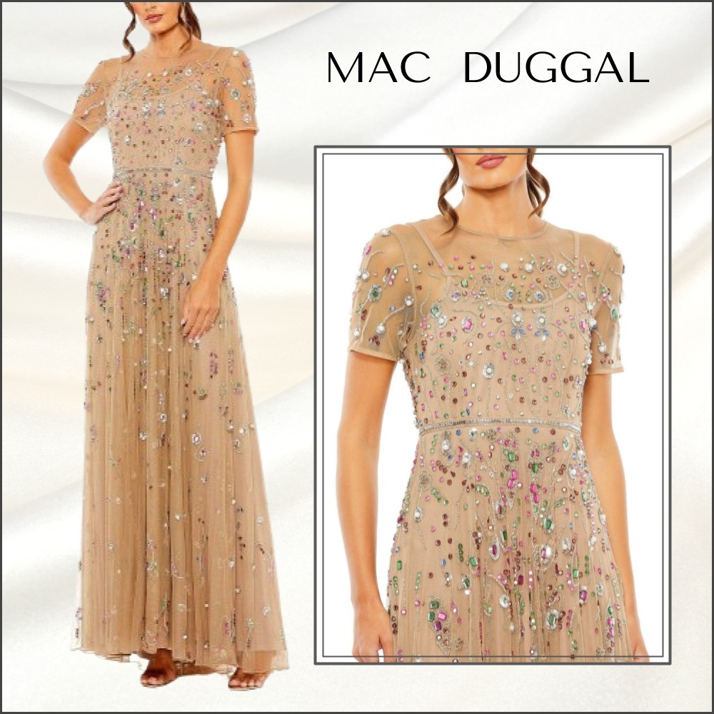 関税送料込【MAC DUGGAL】ロング ワンピース 花柄 半袖 ゴールド