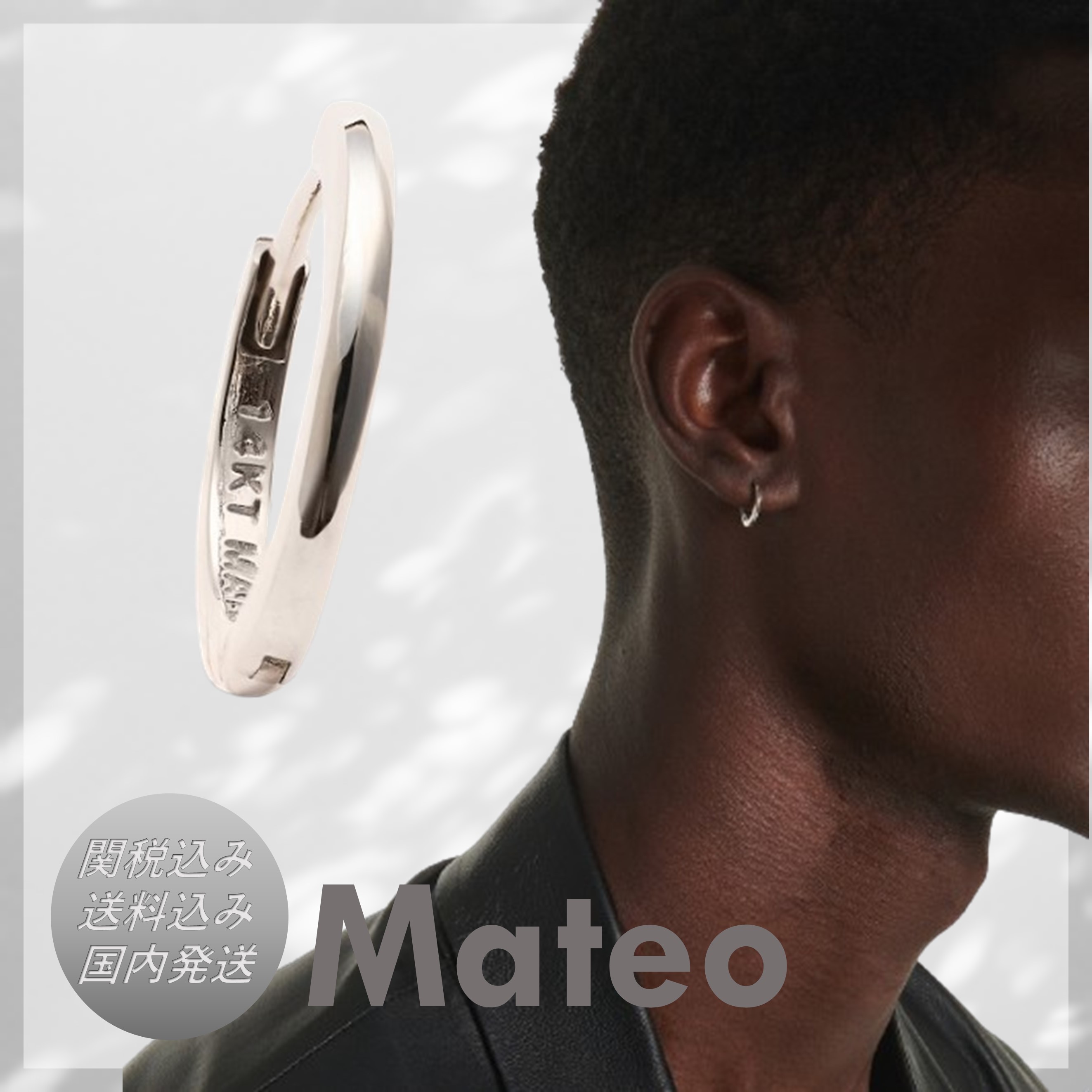 ■Mateo■14Kホワイトゴールド シングルフープ ダイヤモンド付き デュエット ダイヤモンド フープ イヤリング, ホワイトゴールド