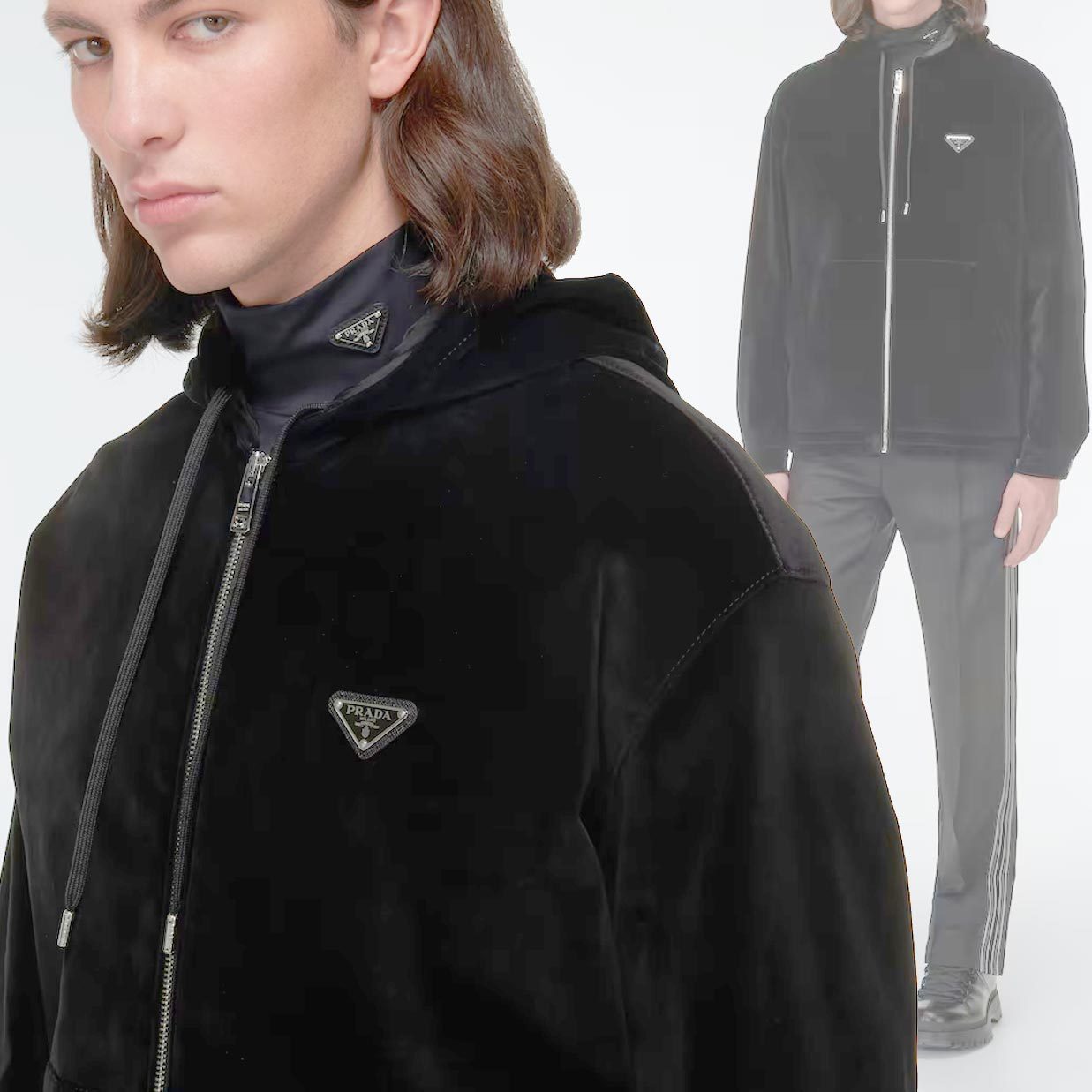 【PRADA】ベロア コットン フーディ パーカ ロゴ ジャケット 黒