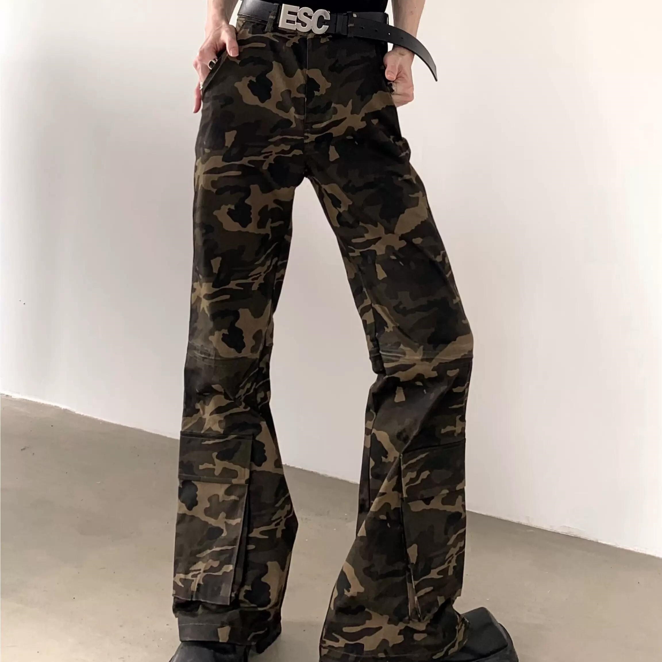プリーツフレアパンツ 迷彩柄 アメリカン ストリート レトロ