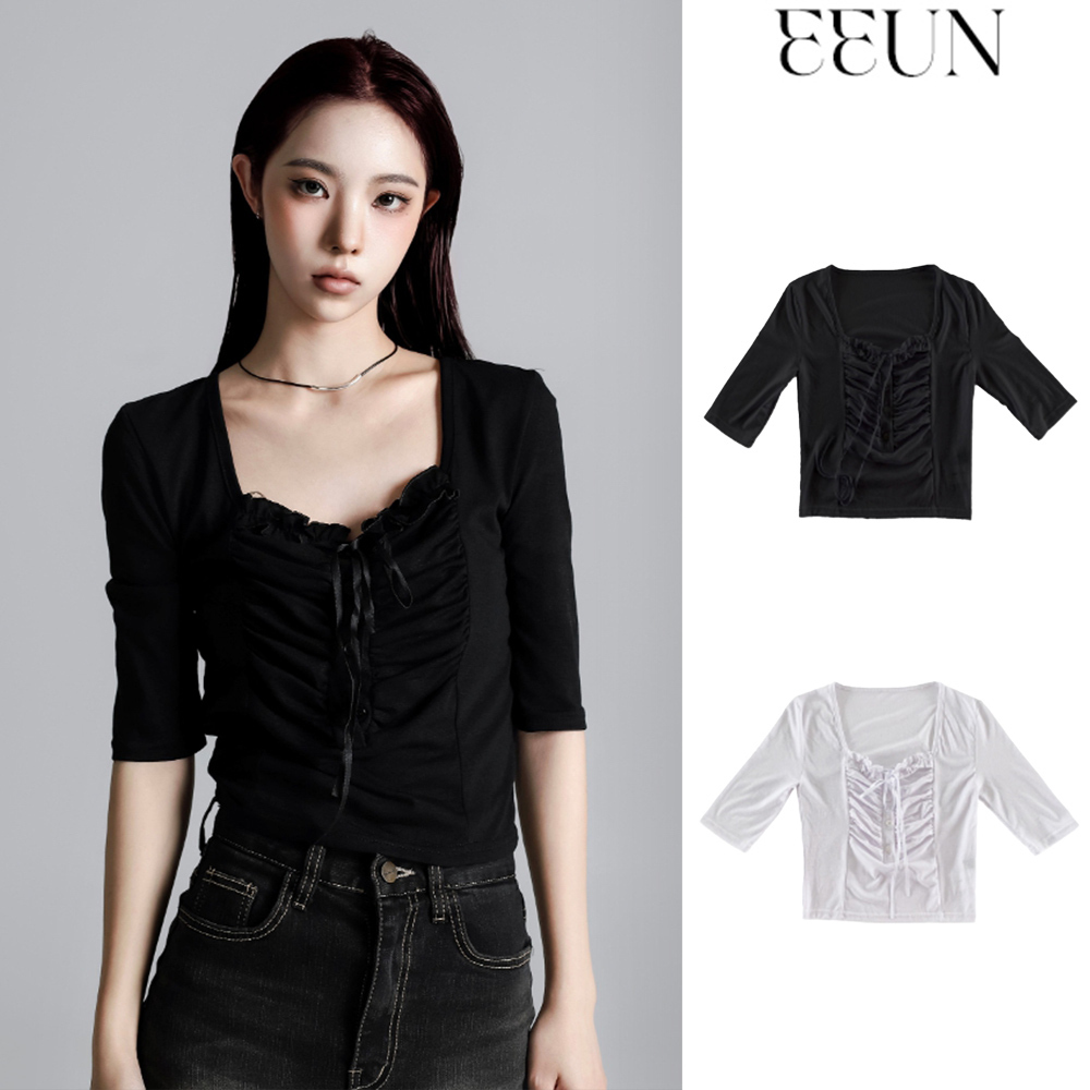 【EEUN】Ribbon Square Shirring Top