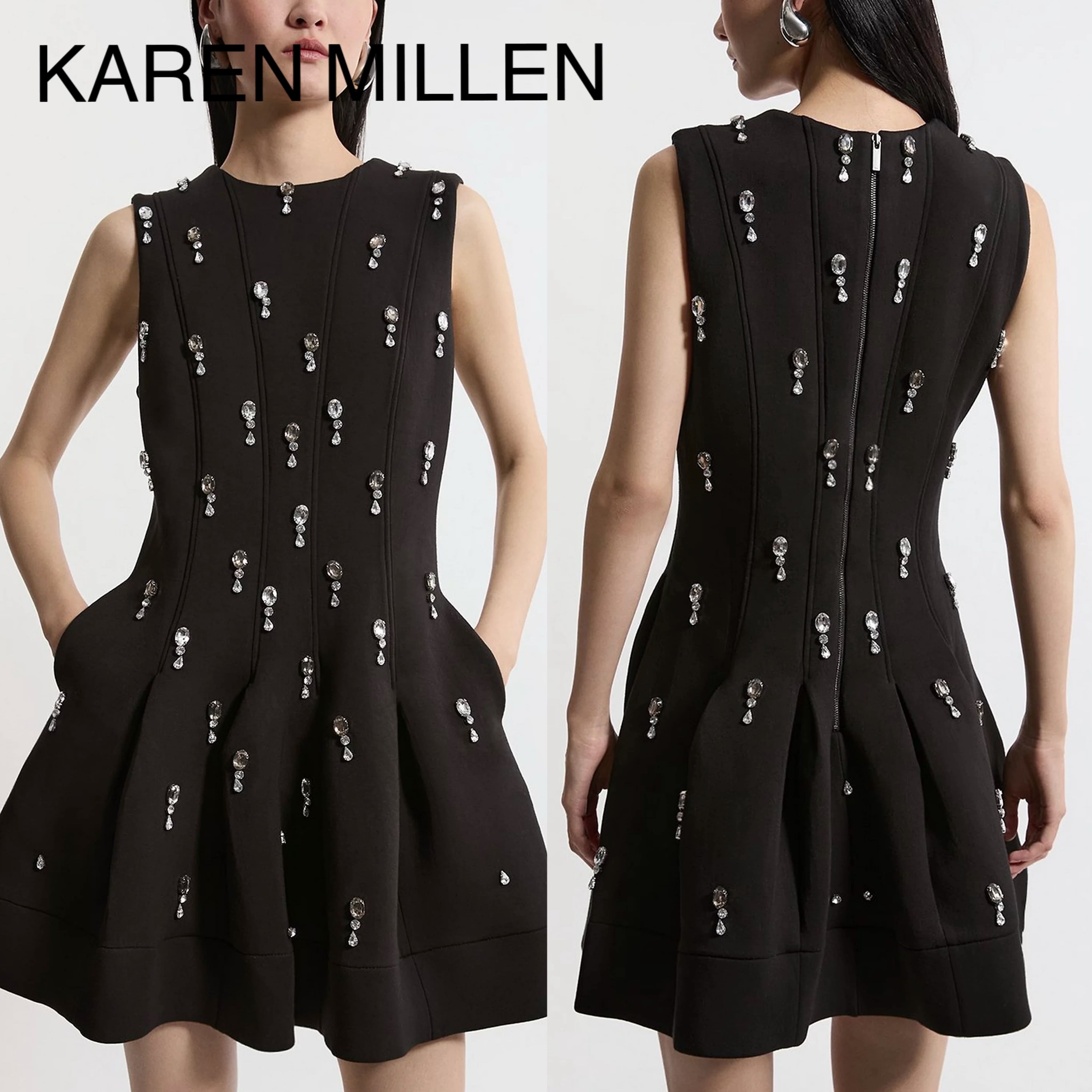 【Karen Millen】クリスタル装飾 ジャージ ミニ ワンピース