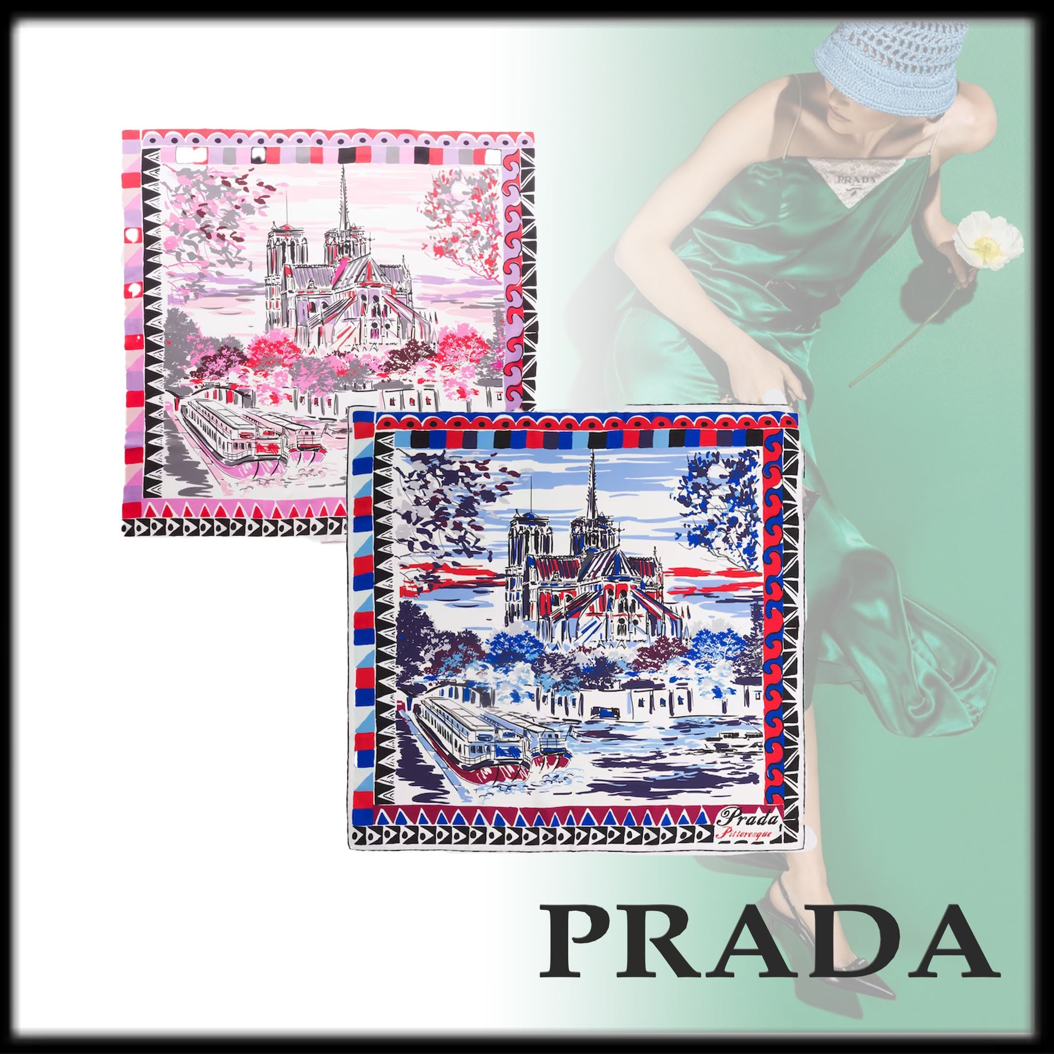 PRADA 洗練 Pittoresque Parisプリント 90シルクスカーフ