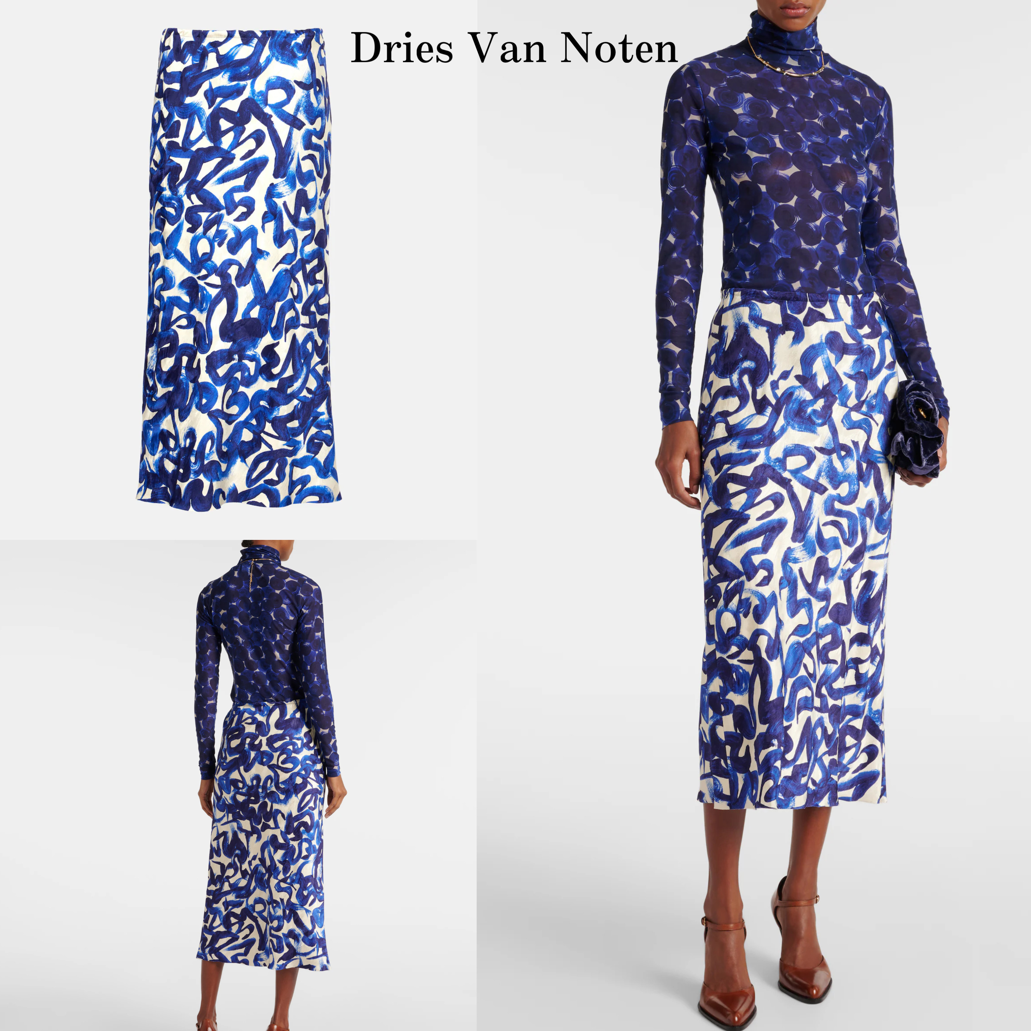 新作*DRIES VAN NOTEN*プリントミディスカート ブルーペイント風