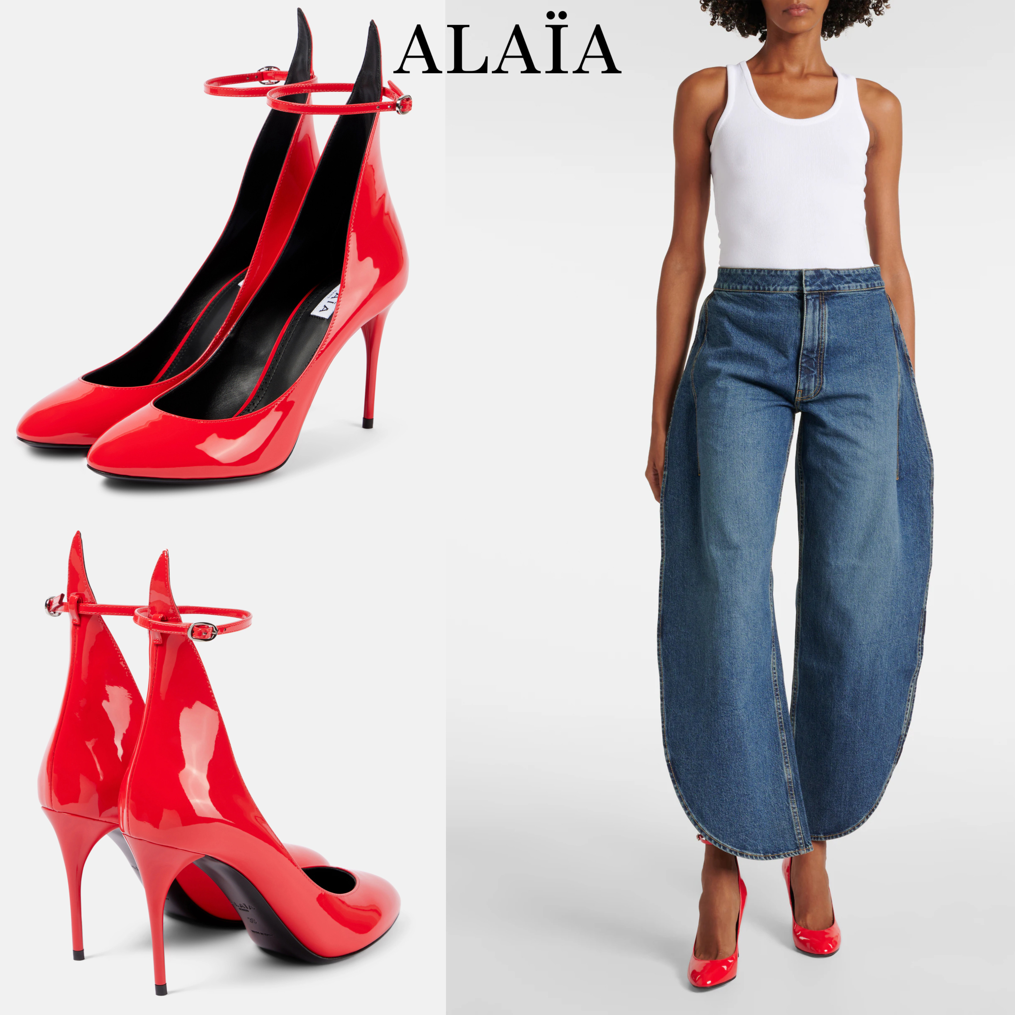 *ALAIA* Decollete ストラップ付パテントレザーパンプス レッド