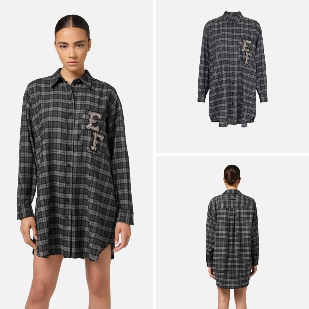 《送料無料》ELISABETTA FRANCHI Tartanwoolshirtdresswithpatch