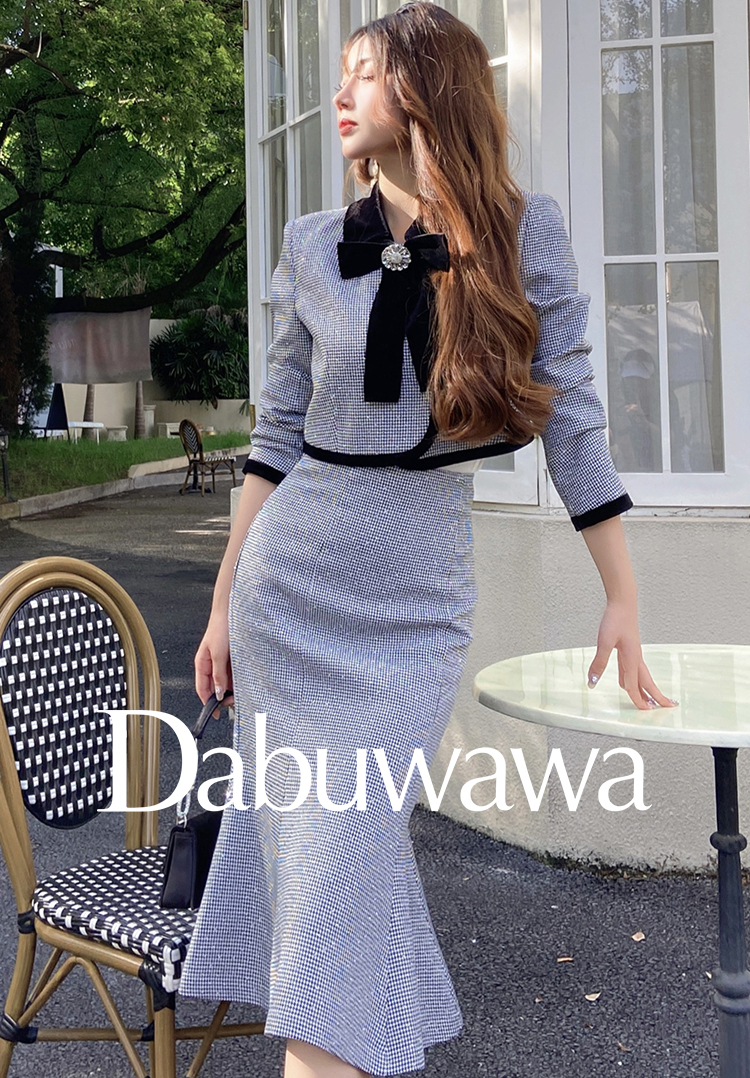 DABUWAWA リボン 上下セット ジャケット スカート 千鳥柄