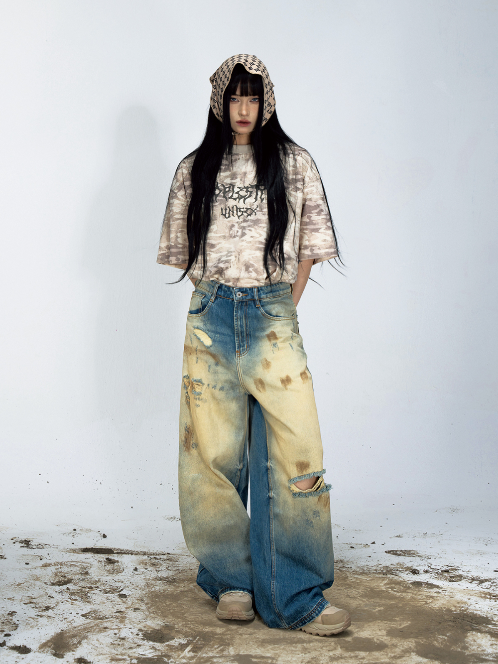 PEOPLESTYLE ダメージデニムパンツ ウォッシュド ジーンズ 男女 PEOPLESTYLE レトロデニムパンツジーンズウォッシュドダメージ
