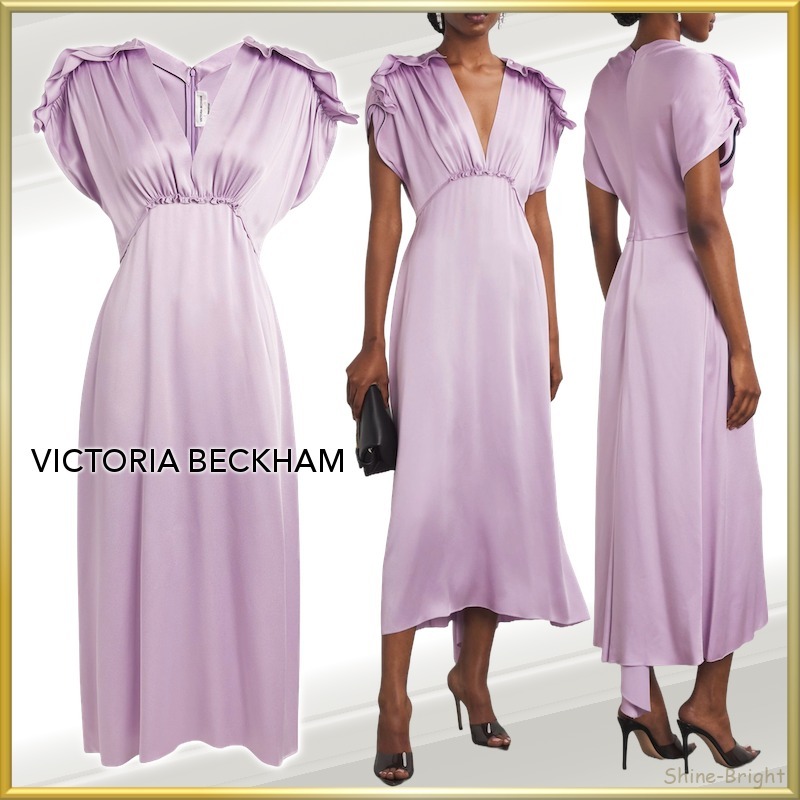 ＜関税込＞Victoria Beckham＊ギャザーフリル Vネックドレス