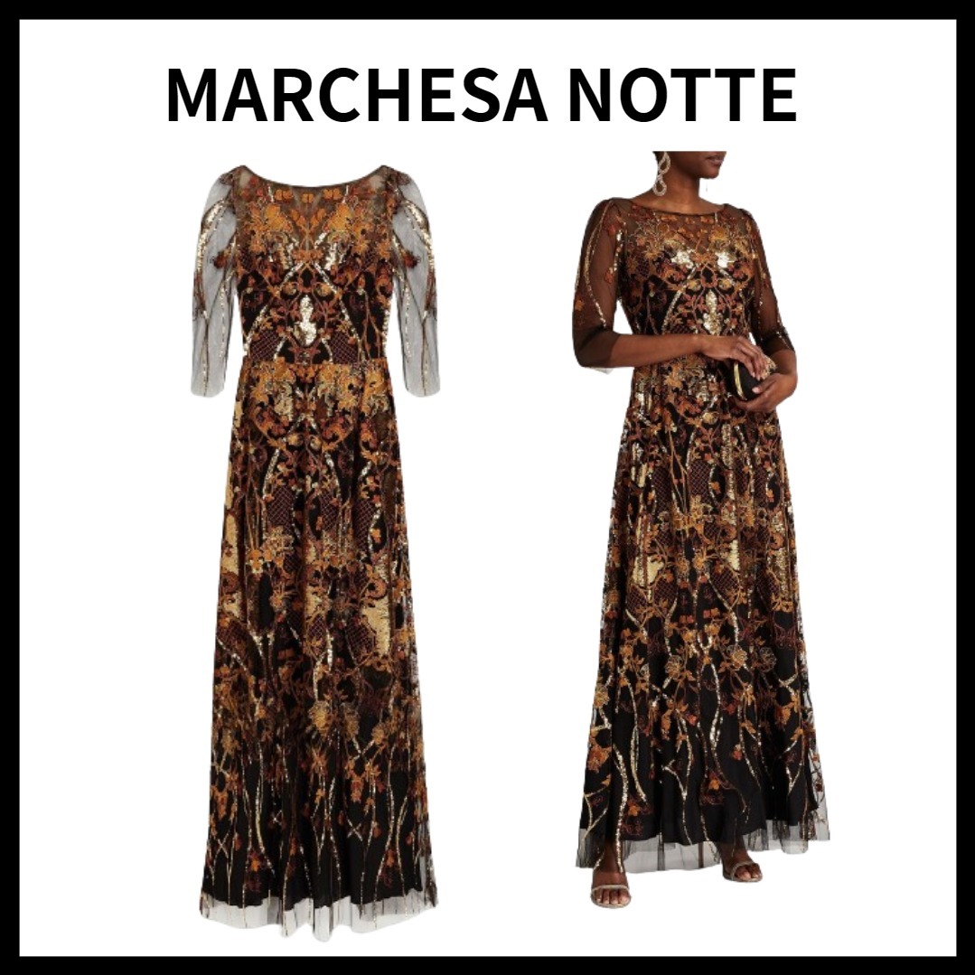MARCHESA NOTTEチュール ロングドレス スパンコール付き 刺繍