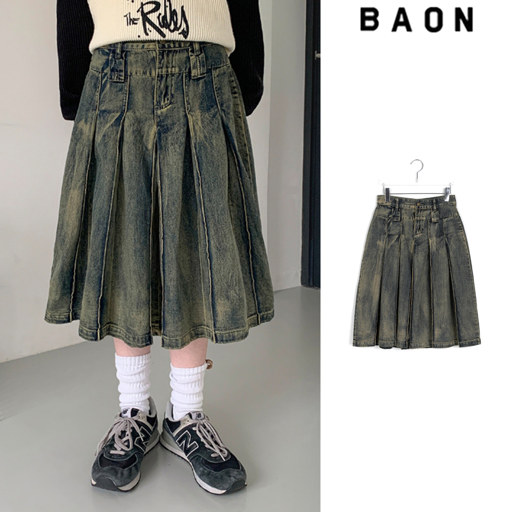 【BAON】Zenki Vintage Washing Pleated Denim Midi Skirt