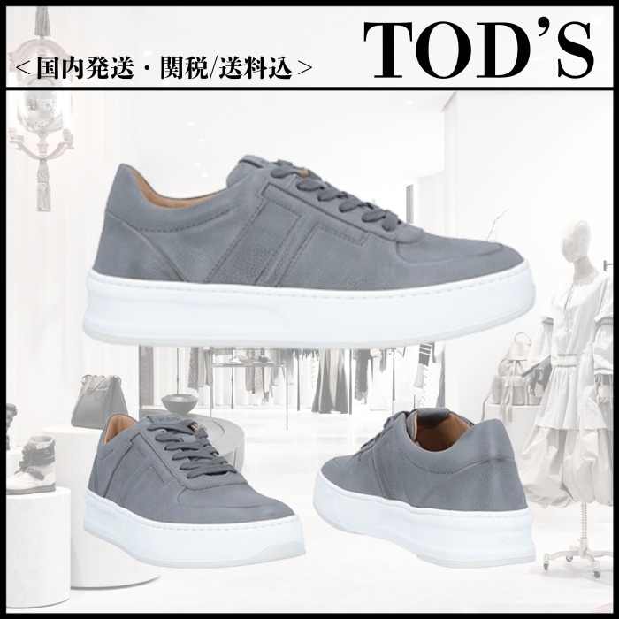 【TOD'S】グレー ペブルドレザー ロゴ ローカットスニーカー