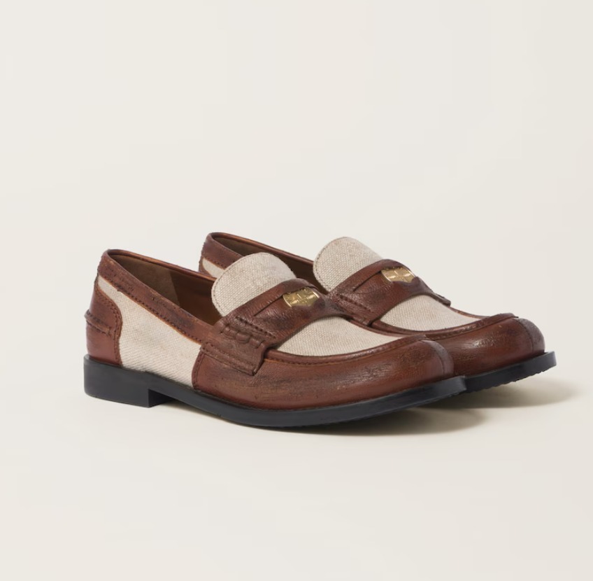 ローファー・オックスフォード MiuMiu | Leather and linen loafers 5D168E_3LO0_F0A4G_F_M020