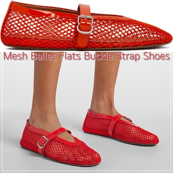 メッシュバレエフラットバックルストラップシューズ★Red