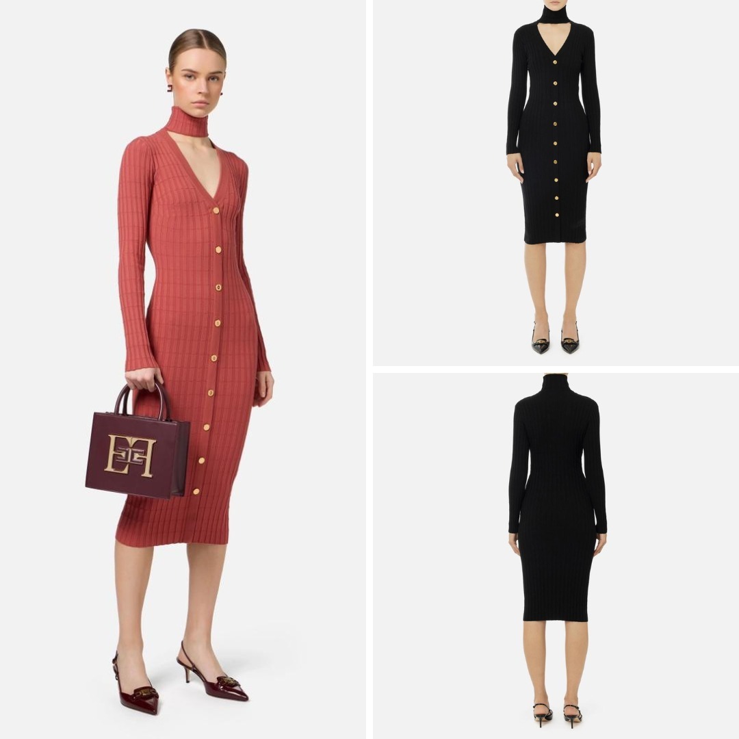 《送料無料》ELISABETTA FRANCHI Ribbed Viscose Midi Dress