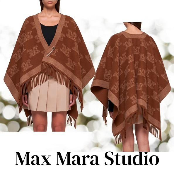 Max Mara Studio★ウールポンチョフリンジ ケープ ベージュ