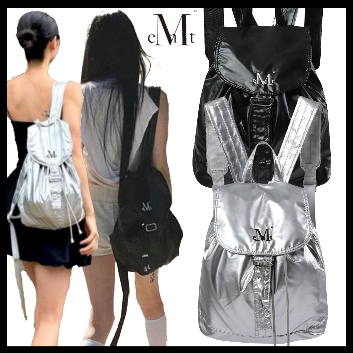 MUCENT】GLOSSY MINI SILVER BACKPACK☆韓国の人気☆追跡付