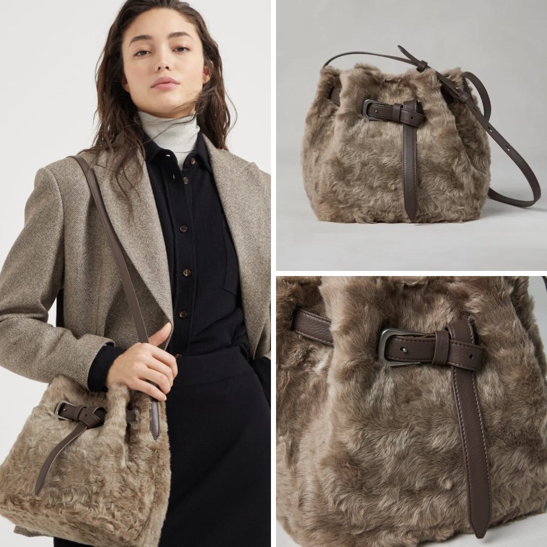 《送料無料》 BRUNELLO CUCINELLI Frosty shearling bucket bag
