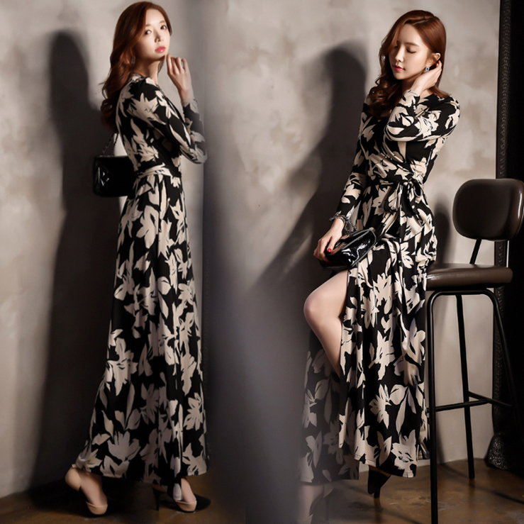 ラップワンピース カシュクール 花柄 リボンベルト 七分袖 S-2XL