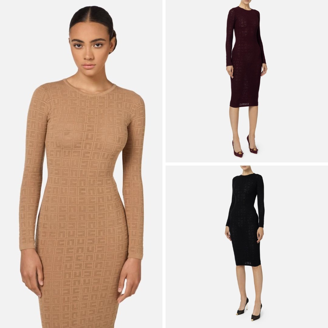 《送料無料》ELISABETTA FRANCHI Viscose mididresswithmeshlogo