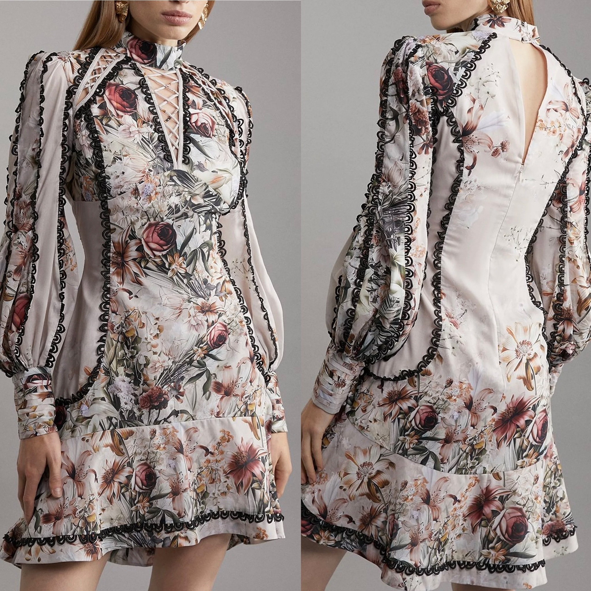 安心追跡付【KAREN MILLEN】レーストリムフローラル柄ミニワンピ