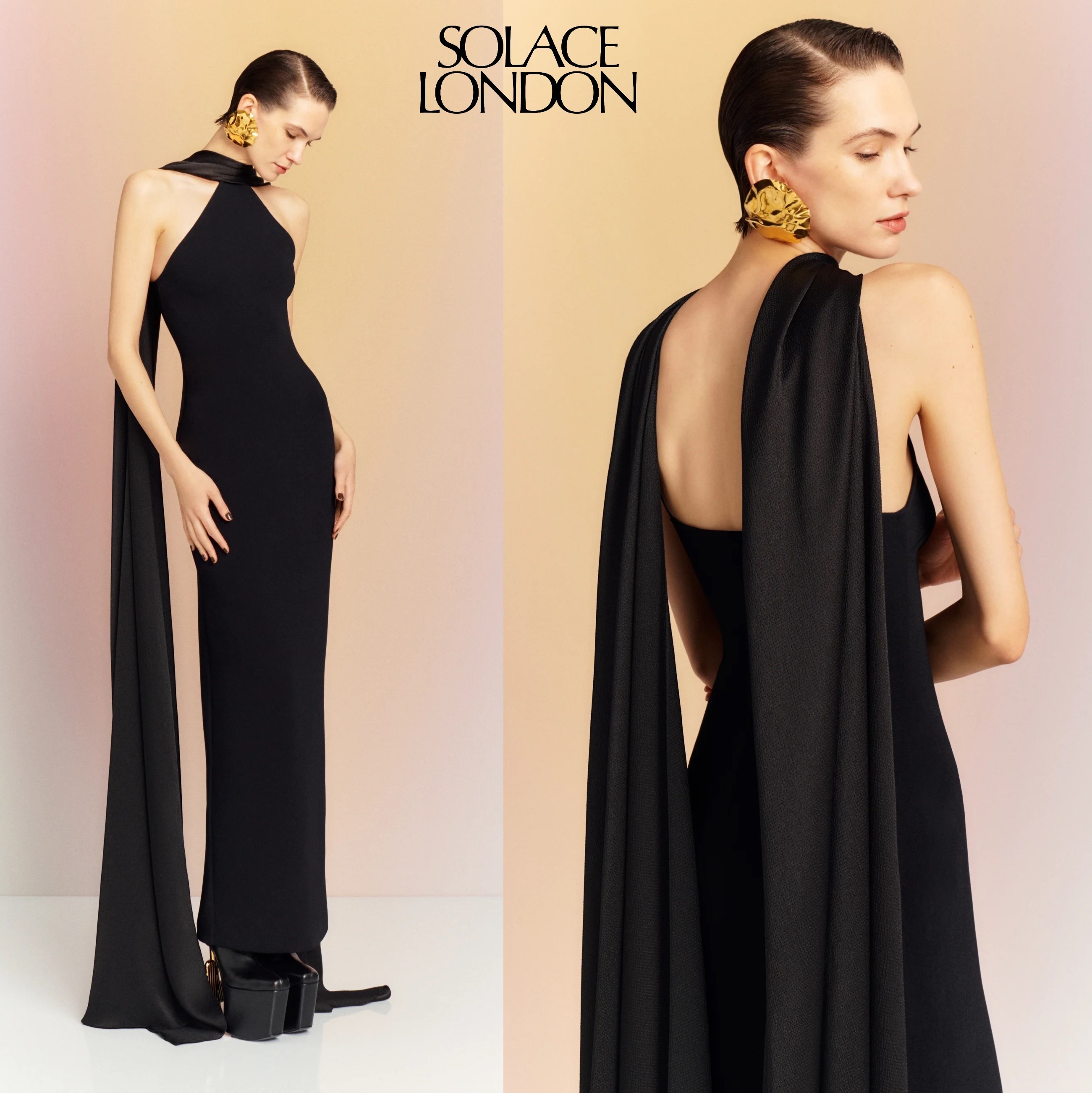 国内発| SOLACE LONDON ケープ風スカーフネック マキシドレス