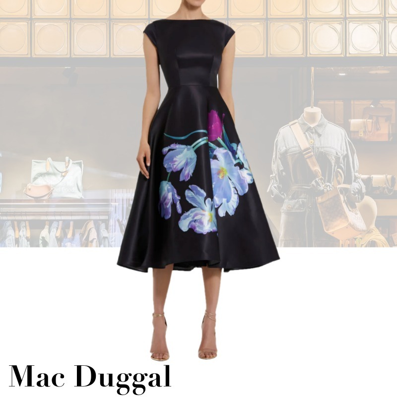 ●Mac Duggal●花柄 サテンキャップスリーブ ミディドレス
