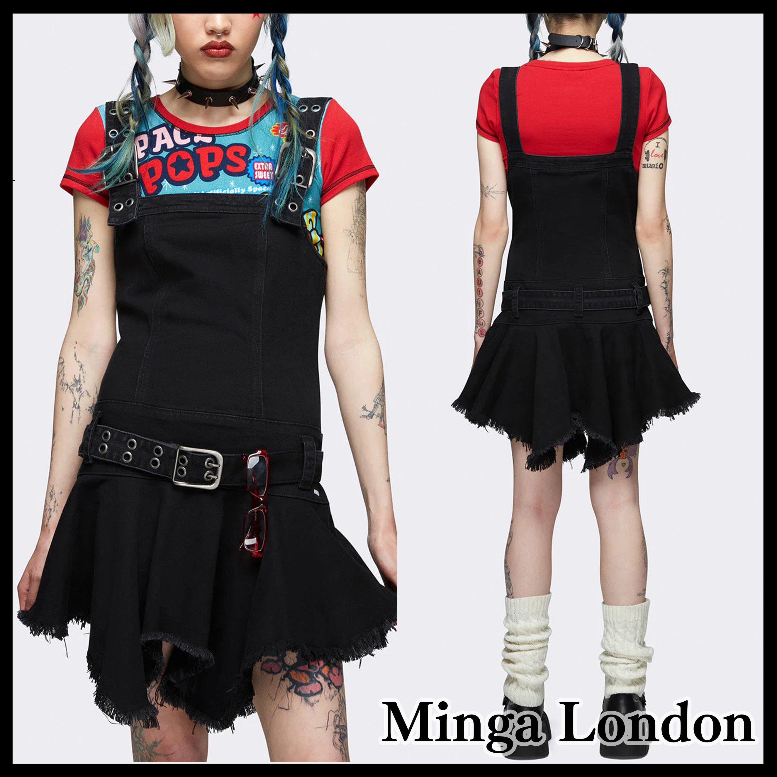 人気【Minga London】CLAIRE デニム ミニ ドレス フリル ベルト