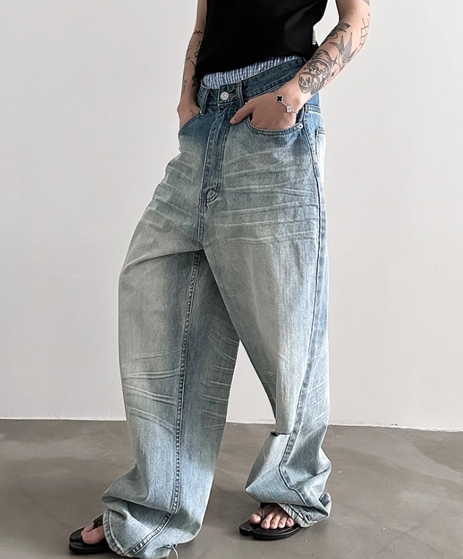 ウォッシュ加工 ダメージ ワイド デニム パンツ a43