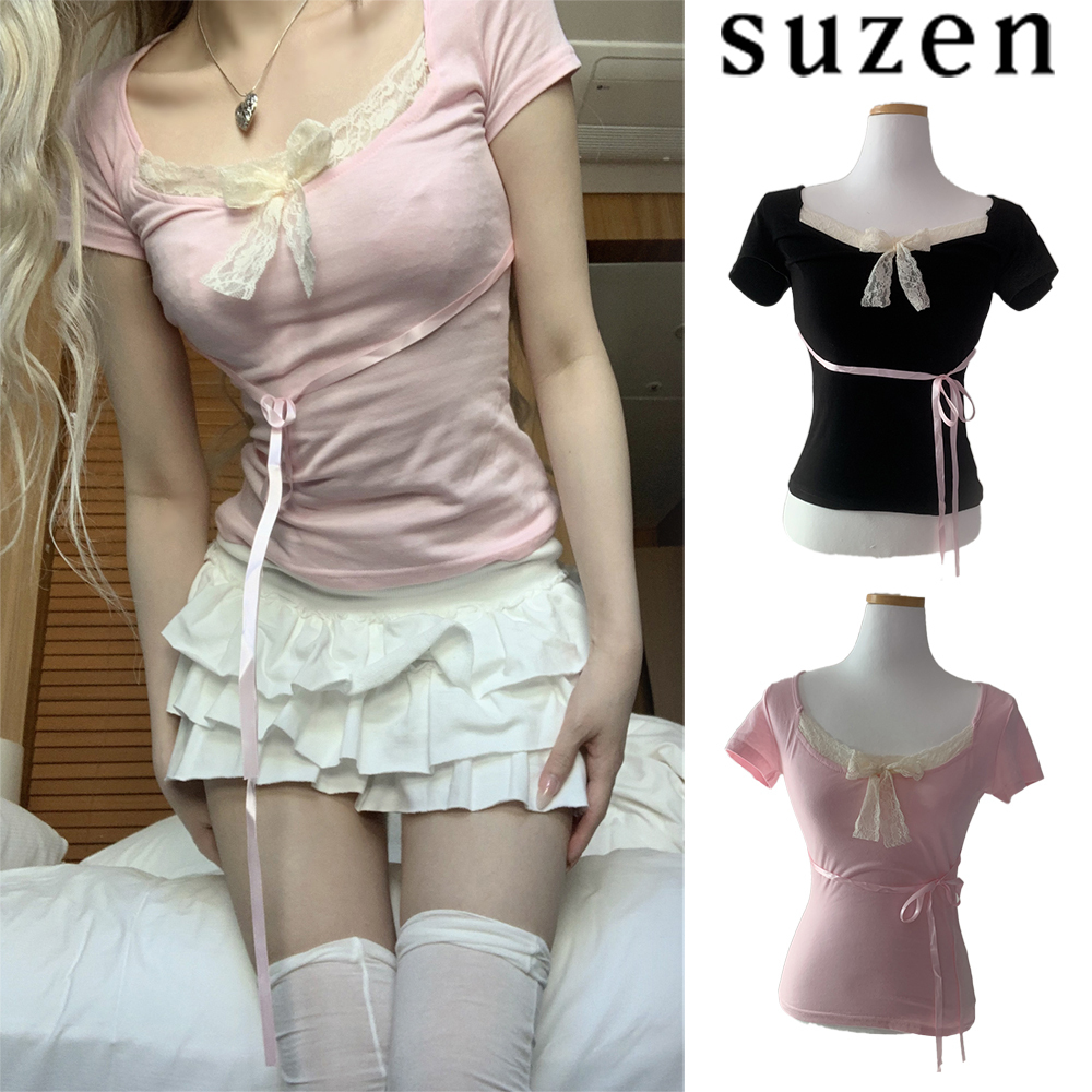【suzen】Tinifu Ribbon Lace Top