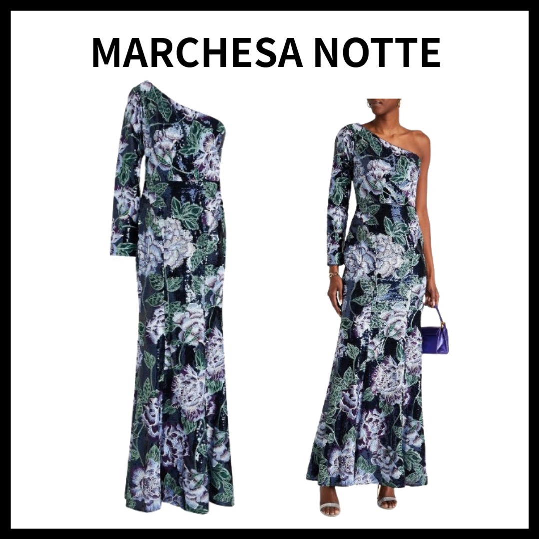 MARCHESA NOTTEチュール ロングドレス ワンスリーブ