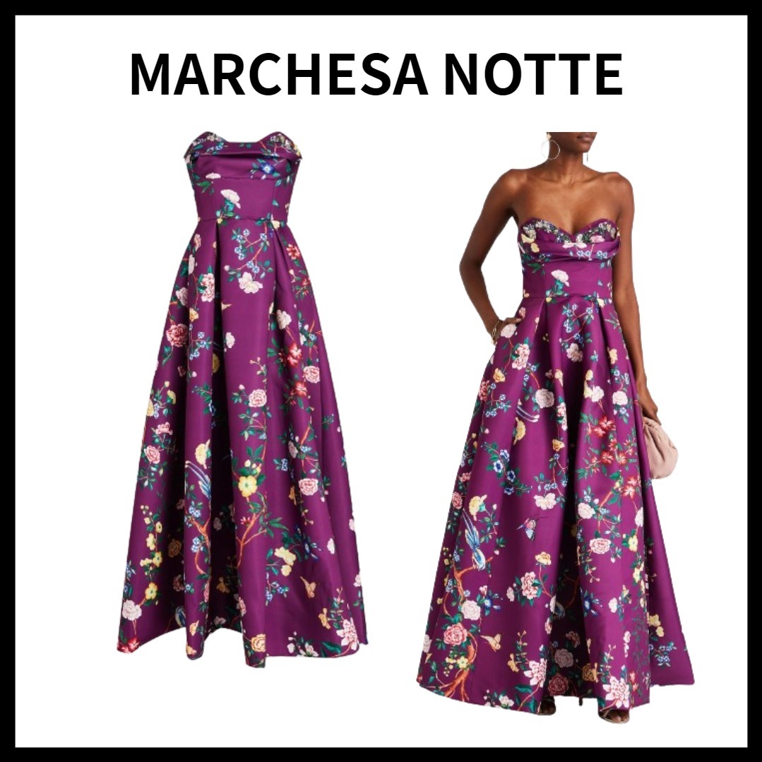 MARCHESA NOTTEサテン ロングドレス ストラップレス フローラル