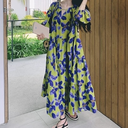 ロングワンピース 半袖 花柄 青 ブルー 緑 グリーン S/XL ロングワンピース 半袖 花柄 青 ブルー 緑 グリーン S/XL