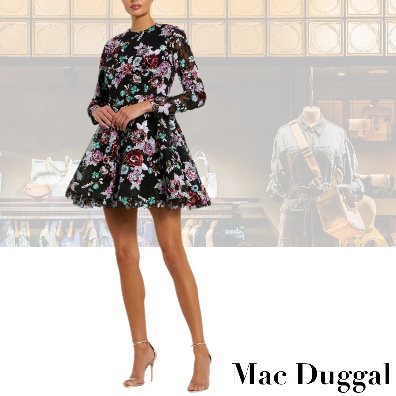 ●Mac Duggal●ハイネック ロングスリーブ Aライン ミニドレス