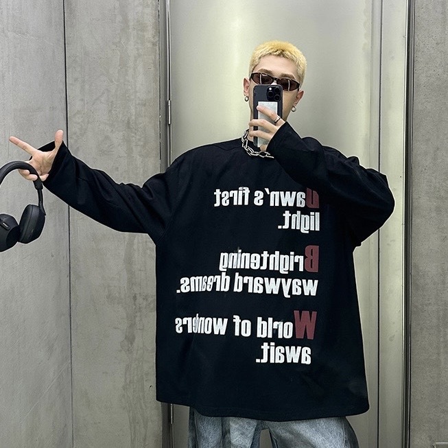 2色 ロングTシャツ リラックス ラフ ルーズ プリントTシャツ