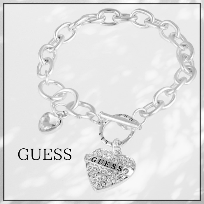 GUESS トグル ロゴ入り ハート チャーム チェーン ブレスレット
