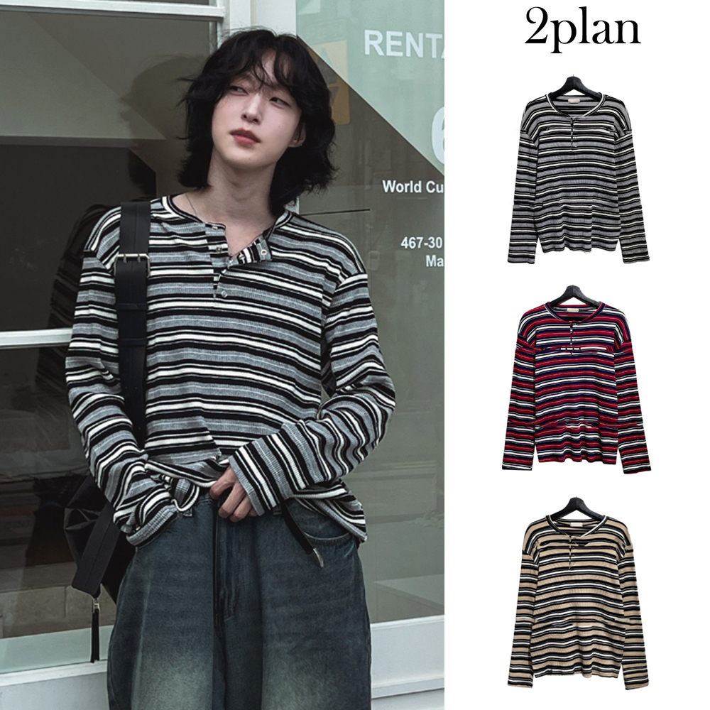 【2plan】Uber Stripe Henley Neck Long Sleeve T-Shirt