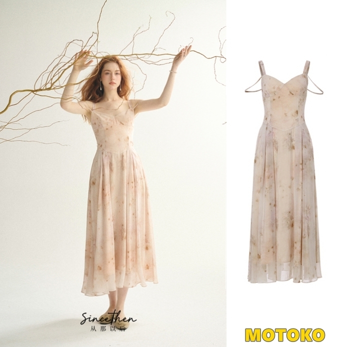 Since Then 上品 ロング ワンピース ノースリーブ 花柄 ⅴネック