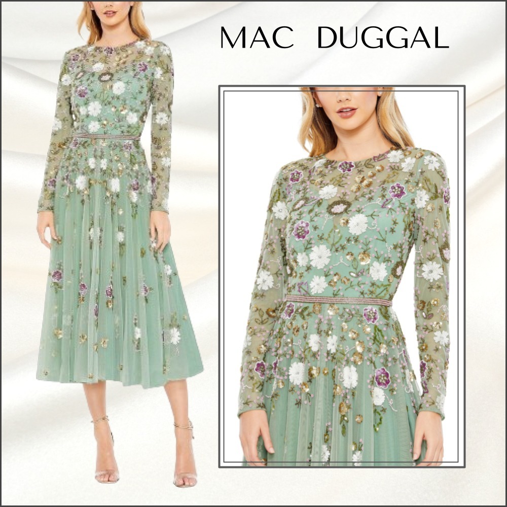 関税送料込【MAC DUGGAL】ミディ ワンピース 花柄 長袖 グリーン