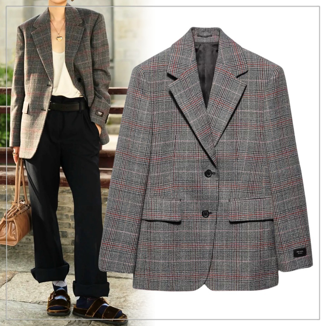 PRADA◆ウール チェック シングルジャケット レザーロゴラベル付