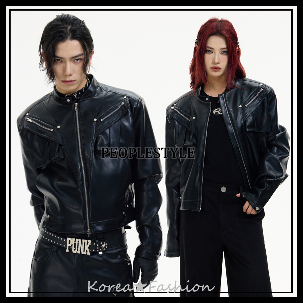 PEOPLESTYLE ファイクレザージャケットストリートユニセックス黒