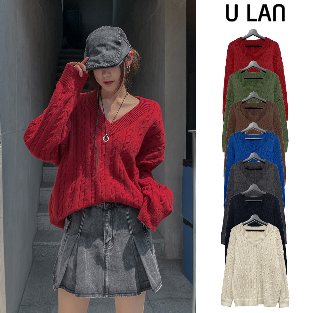【U LAN】Little V-neck Cable Knit