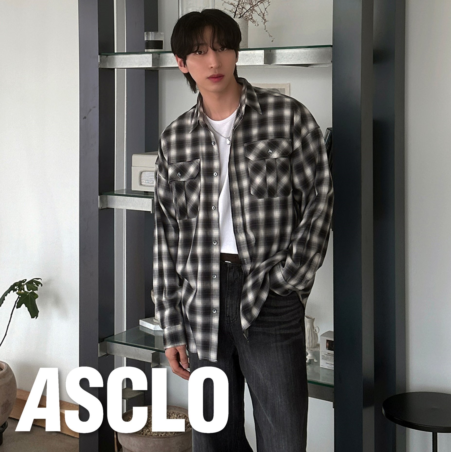 シャツ ASCLO Pocket Ombre Check Shirt (2color)