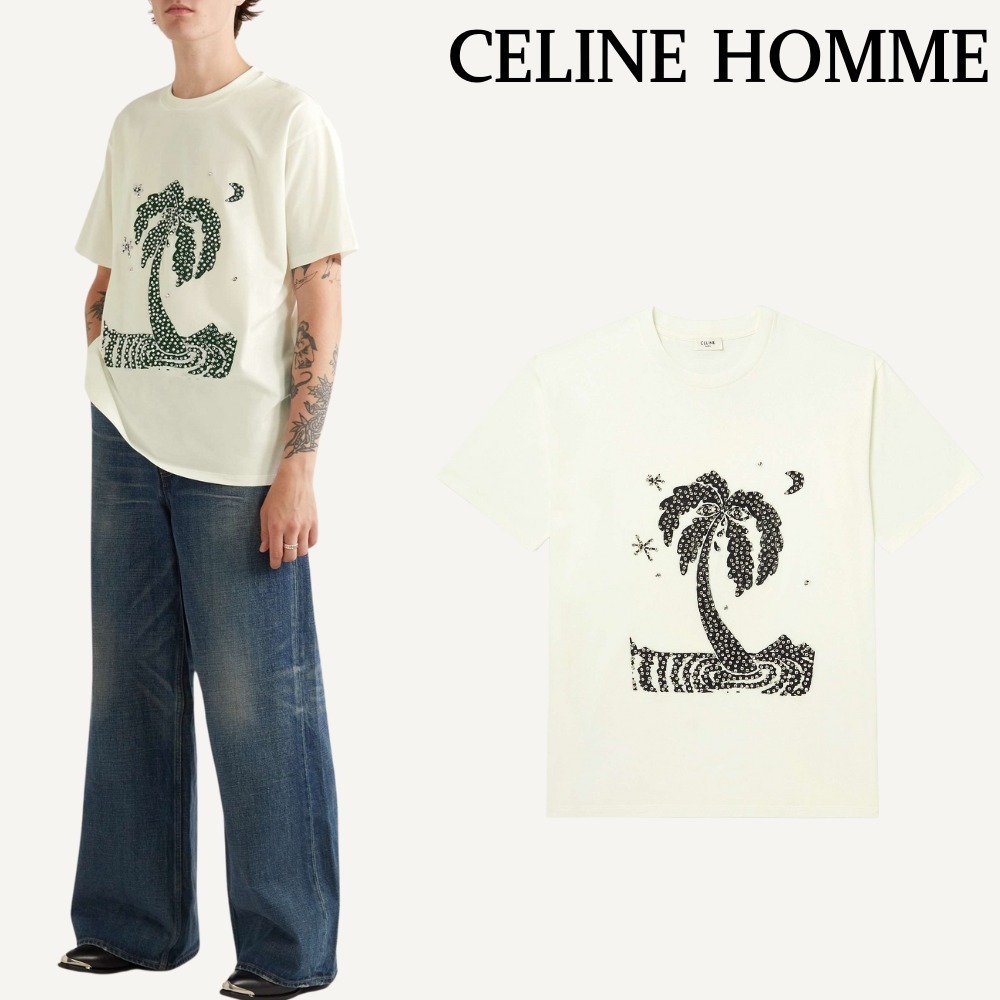 【CELINE HOMME】コットンジャージー Tシャツ クリスタル付き