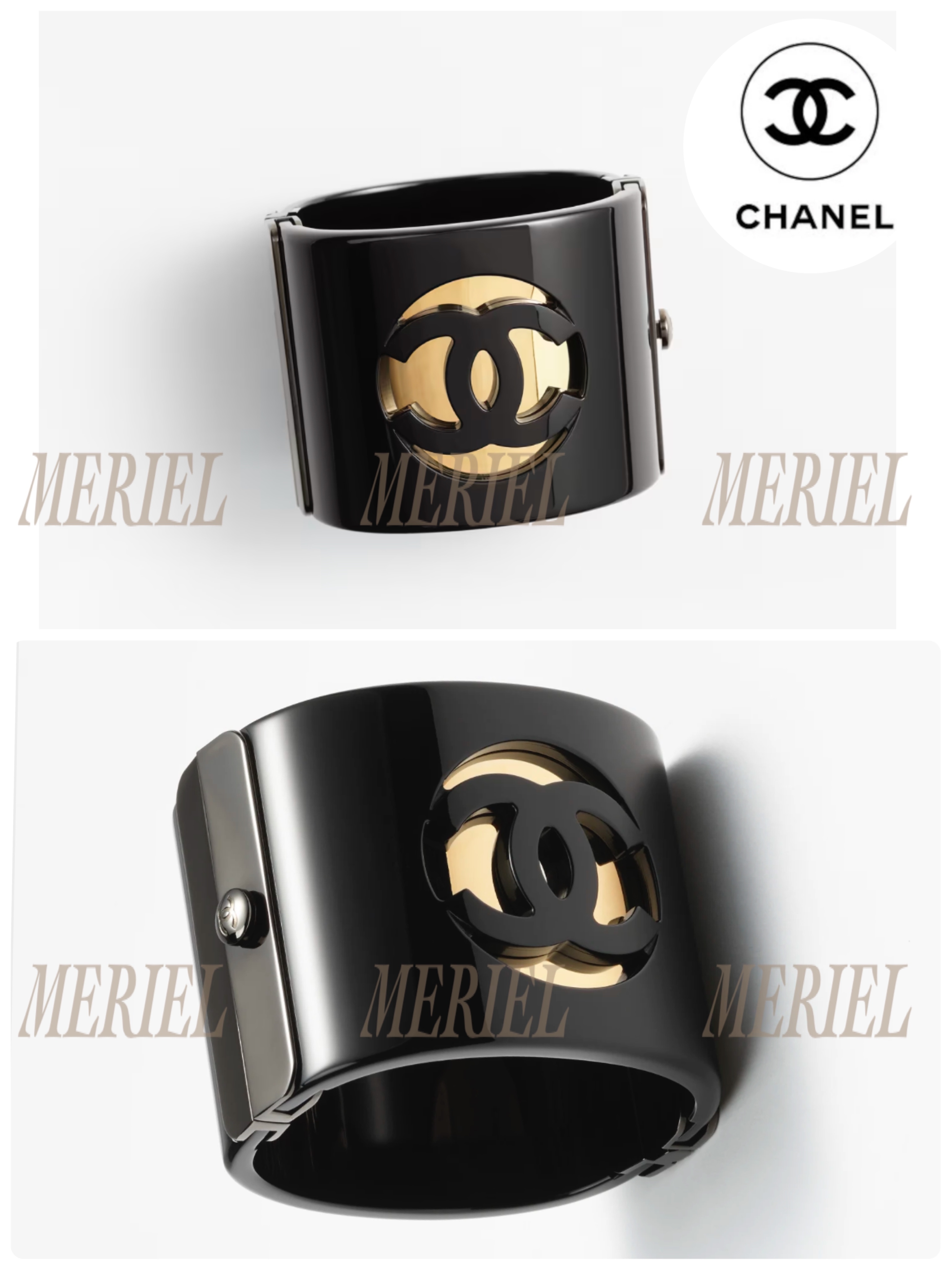 存在感【CHANEL】バングルロゴ ブラックゴールド ブレスレット