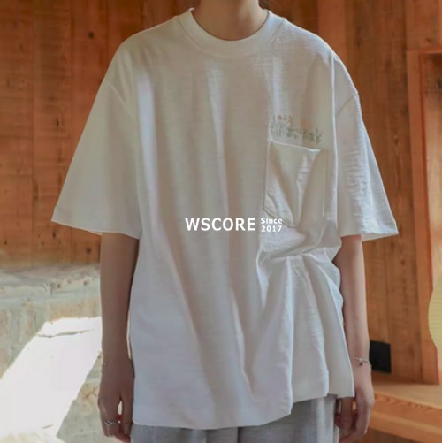 半袖Tシャツ ユニセックス 花柄刺繍 ラウンドネック 無地 4色